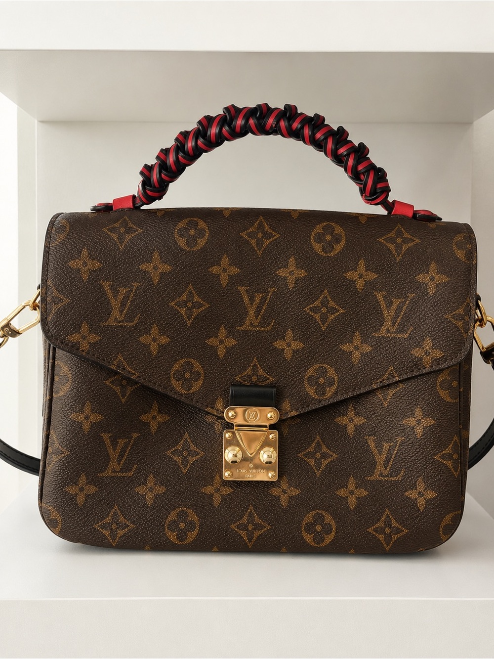 Louis Vuitton Brown Monogram Satchel with Red and Black Braided Handle